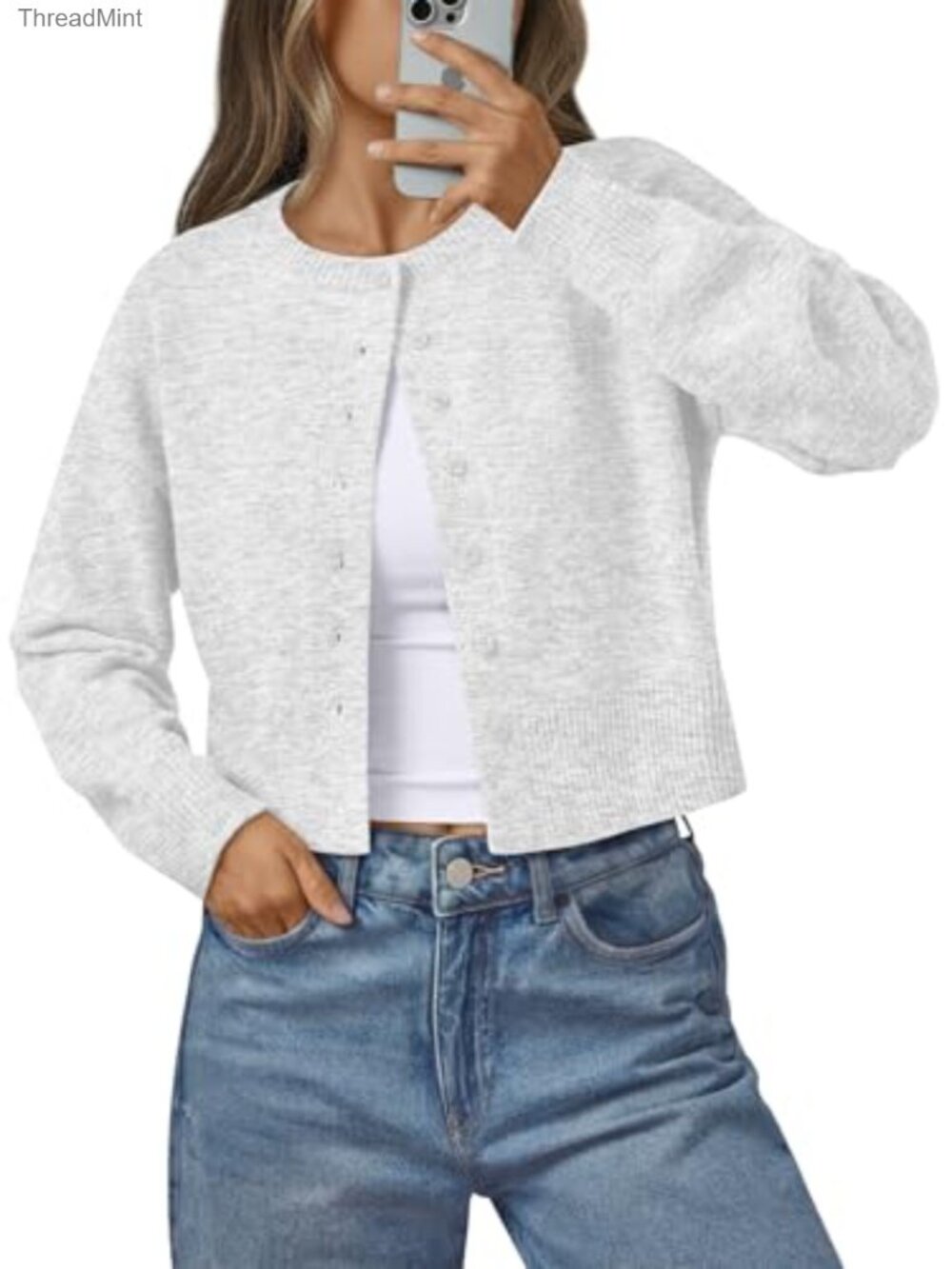 Lightweight Cropped Knit Cardigan Drop Shoulder Button Front Cute Sweater Fall